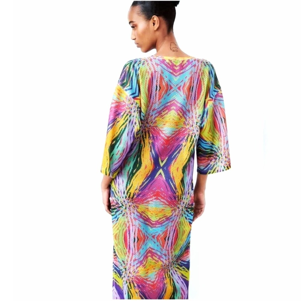 NWT Zara Small Open Mesh Knit Jacquard Tunic Midi Maxi Dress in Bright Multi